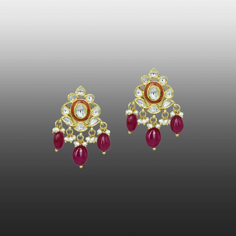 Polki Earrings with Red Enamel, Ruby Drops, and Pearls